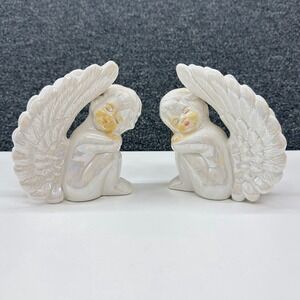 Vintage Iridescent Pearlized Ceramic Sleeping Cherub Angel Figurines Set of 2